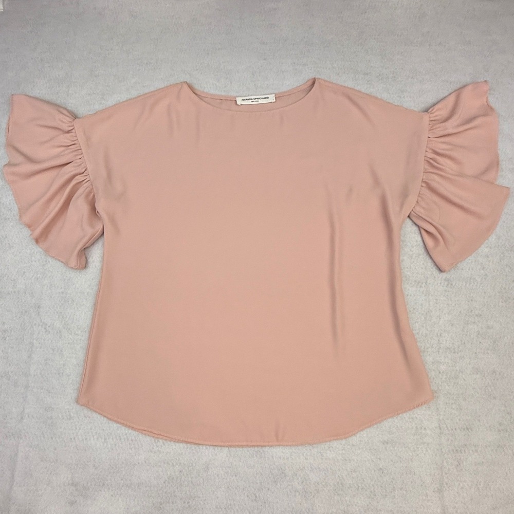 Amanda Uprichard Blouse Womens Small Pink Ruffle Sleeve Scoop Neck Solid - Picture 9 of 10